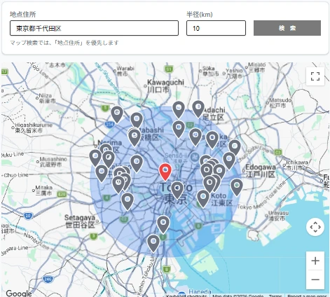 地図検索で案件の検索結果を表示した実画面（テストデータを使用しています）